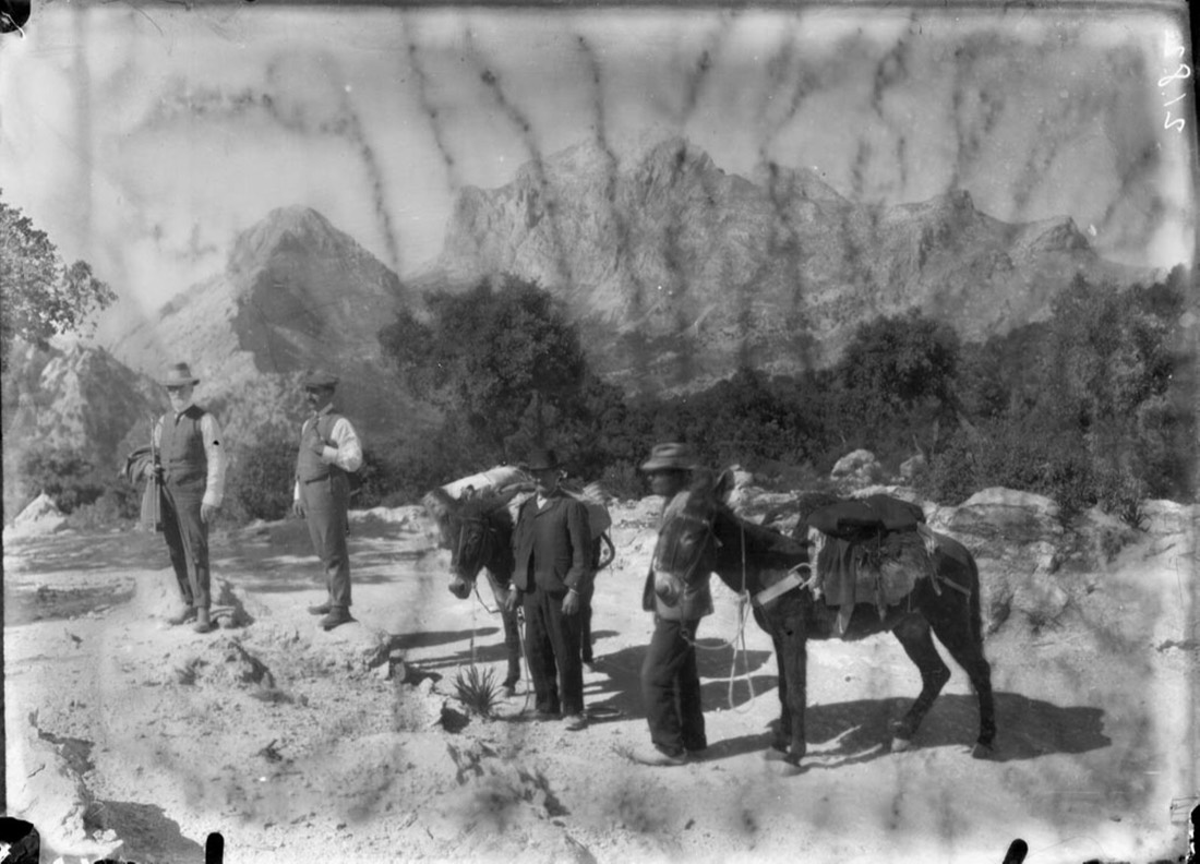 Men with donkeys climbing Puig Major de Sóller
